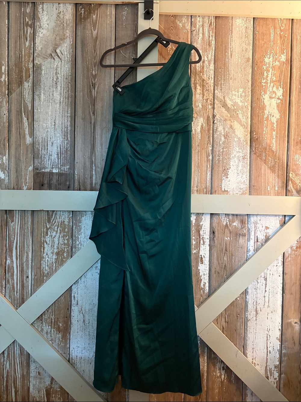 Azazie Emerald One-Shoulder Ruffled Gown